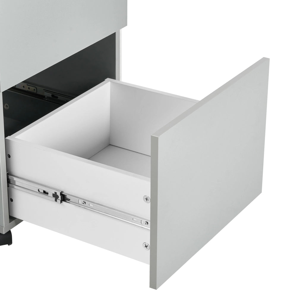Armadietto in legno massiccio con 2 cassetti e ruote con serratura a chiave grigio chiaro design moderno