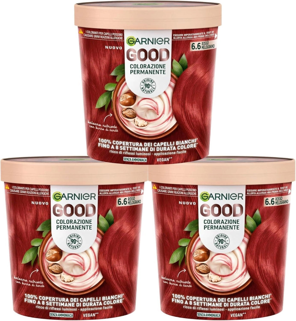SET 3 GARNIER GOOD TINTA CAPELLI 6.6 ROSSO MELOGRANO COLORAZIONE PERMANENTE SENZA AMMONIACA 90% NATURALE