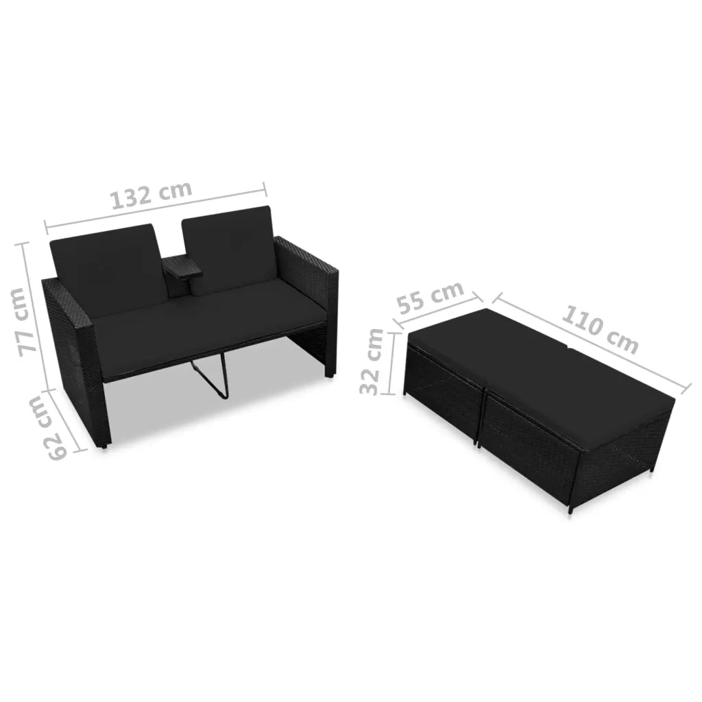 Set Divani da Giardino 3 pz con Cuscini in Polyrattan Nero 313129