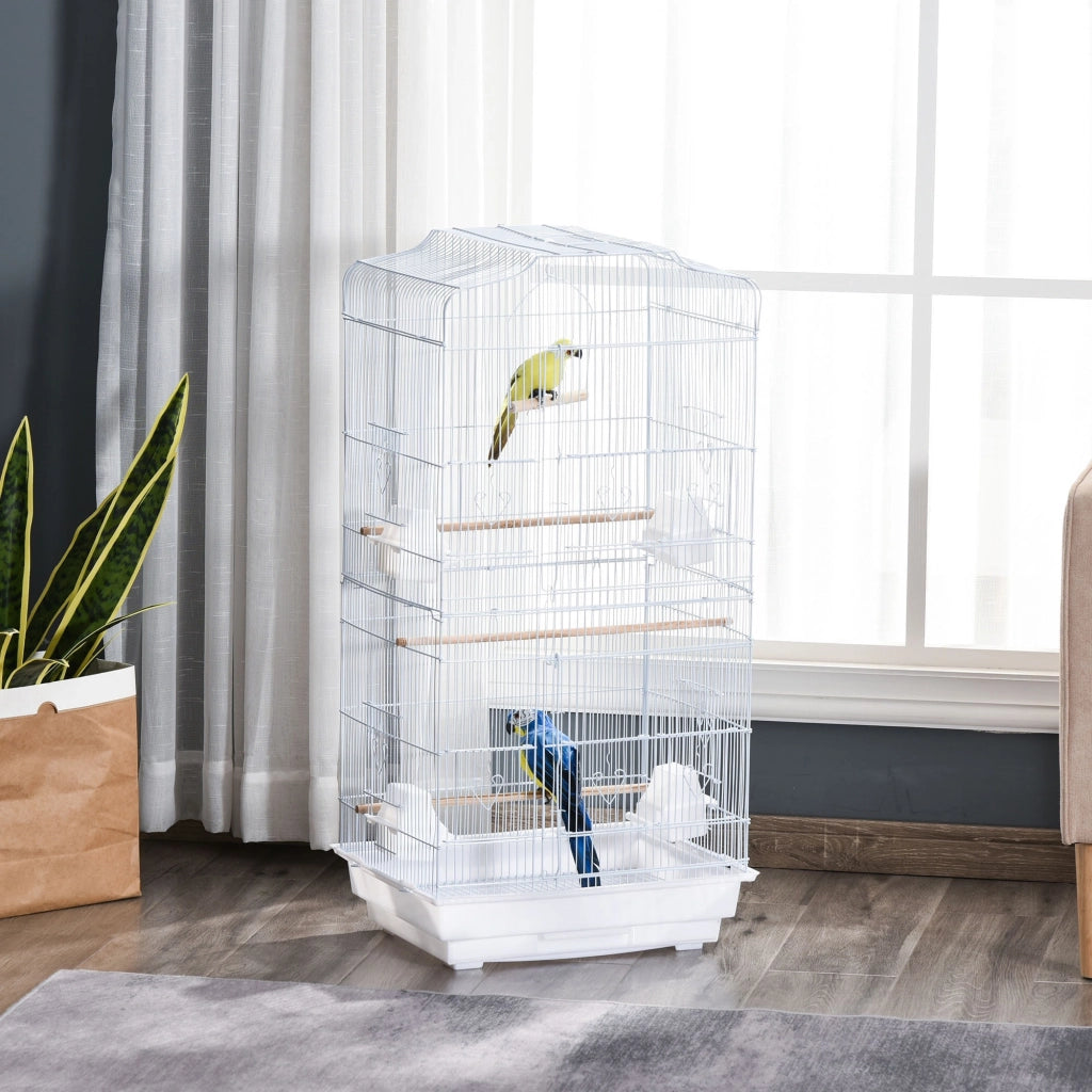 EasyComfort Gabbia per Uccelli Portatile con Maniglia, Vassoio Estraibile e Porte, Voliera per Pappagallini con Posatoi in Legno, Altalena e Ciotole per Cibo, 46.5x35.5x92cm, Bianco