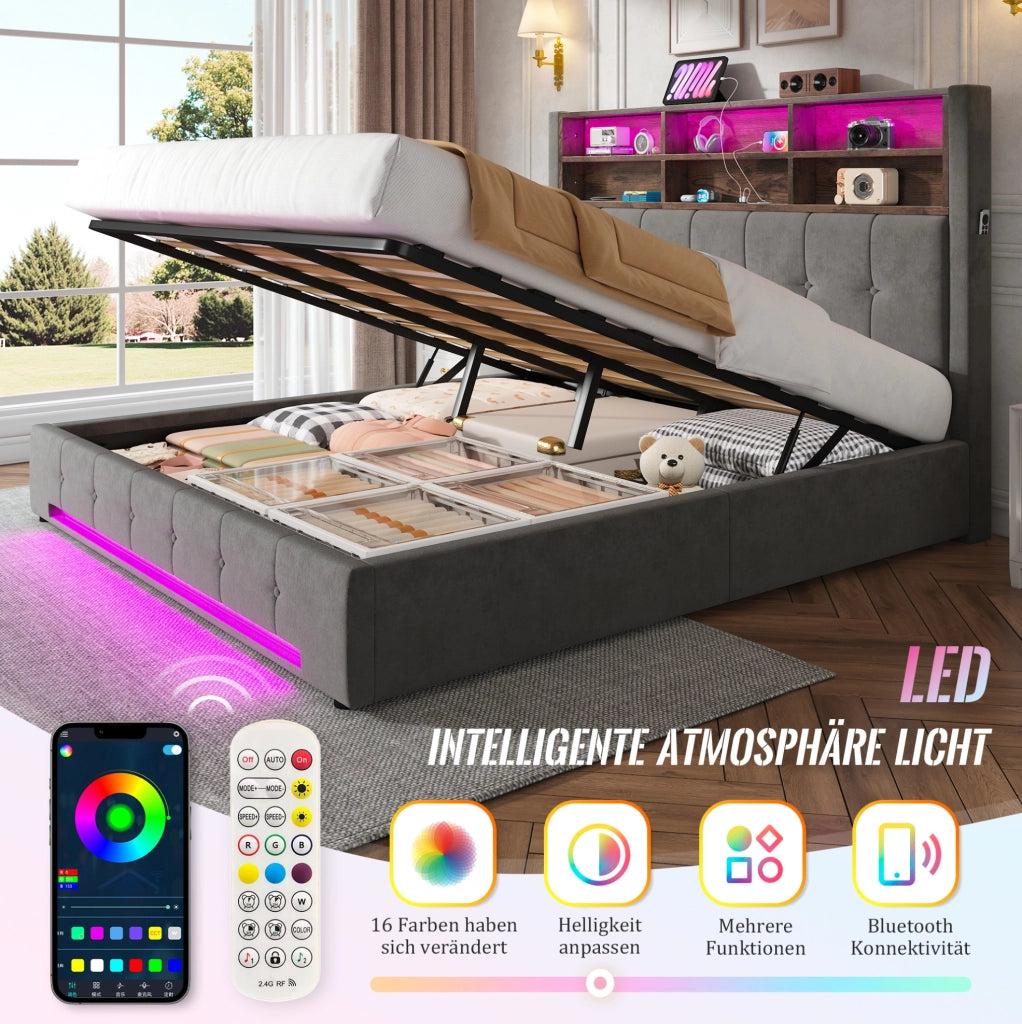 Letto contenitore 180x200 cm in velluto grigio scuro con LED e USB-C