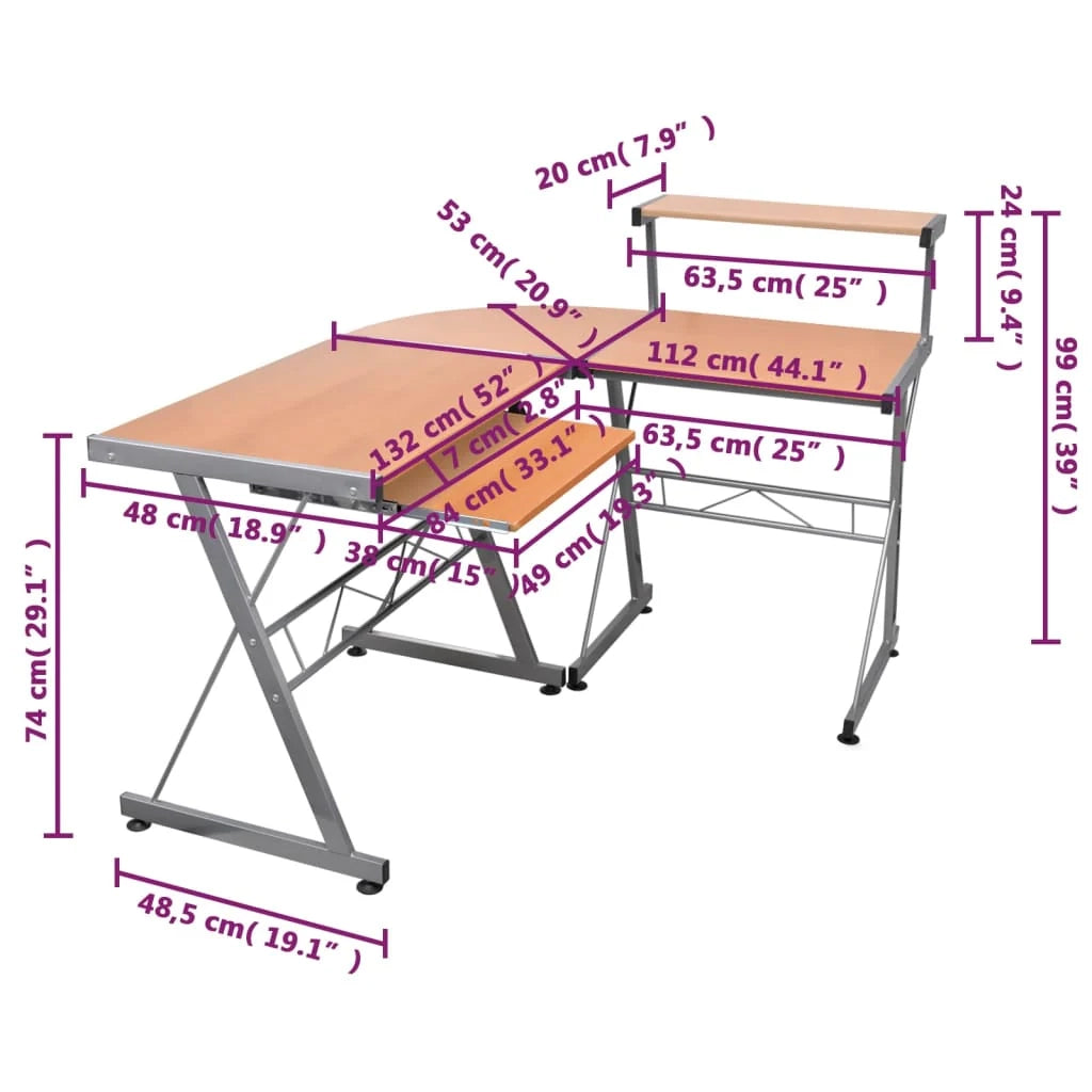 Scrivania angolare per computer/postazione di lavoro/tavolo da studio/scrivania per computer/tavolo da studio 132 x 112 x 99 cm legno ingegnerizzato marrone 02_0023731