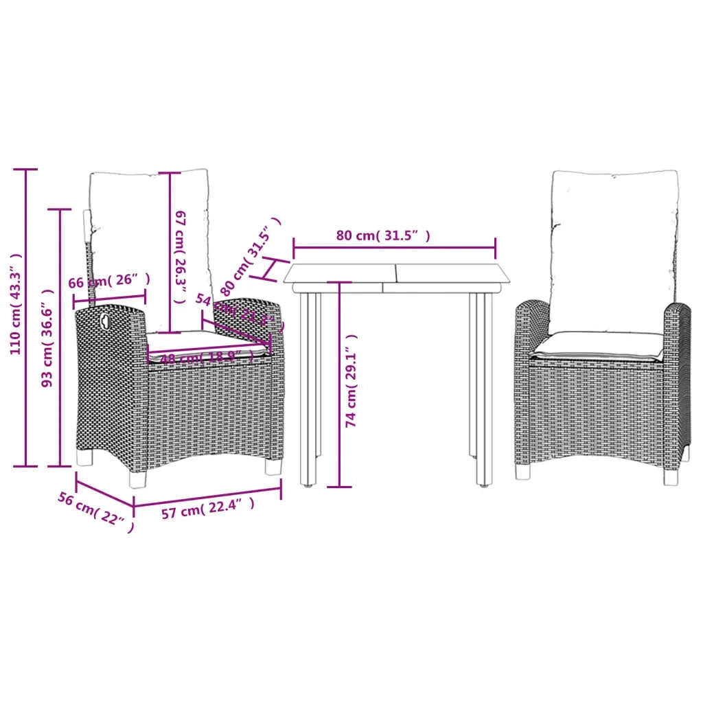 Set da Pranzo da Giardino 3 pz con Cuscini Nero in Polyrattan 3212732