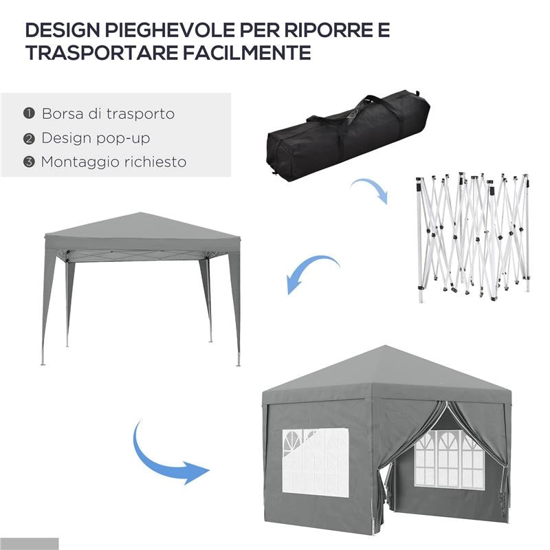 GAZEBO DA ESTERNO 3X3 M PIEGHEVOLE CON 4 PANNELLI LATERALI IN ACCIAIO E TESSUTO OXFORD GRIGIO CHIARO