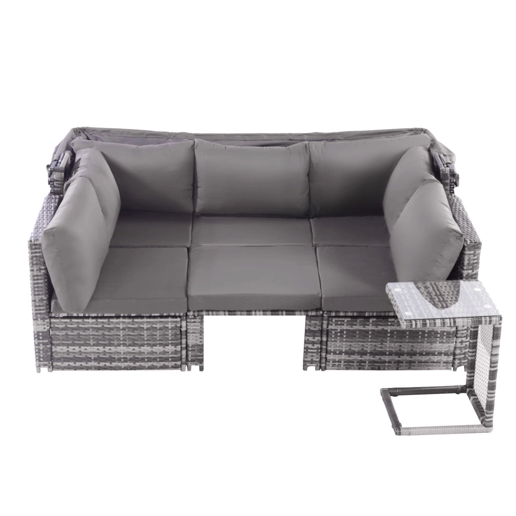 Set da giardino con area relax divano e ombrellone in rattan resistente alle intemperie per giardino e terrazzo colore grigio.