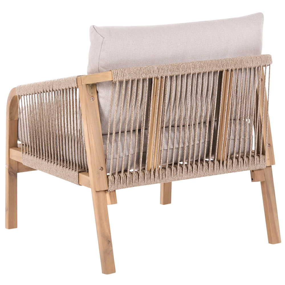 Poltrona da giardino con poggiapiedi in legno di acacia chiaro e cuscini beige chiaro, per interni ed esterni, design moderno
