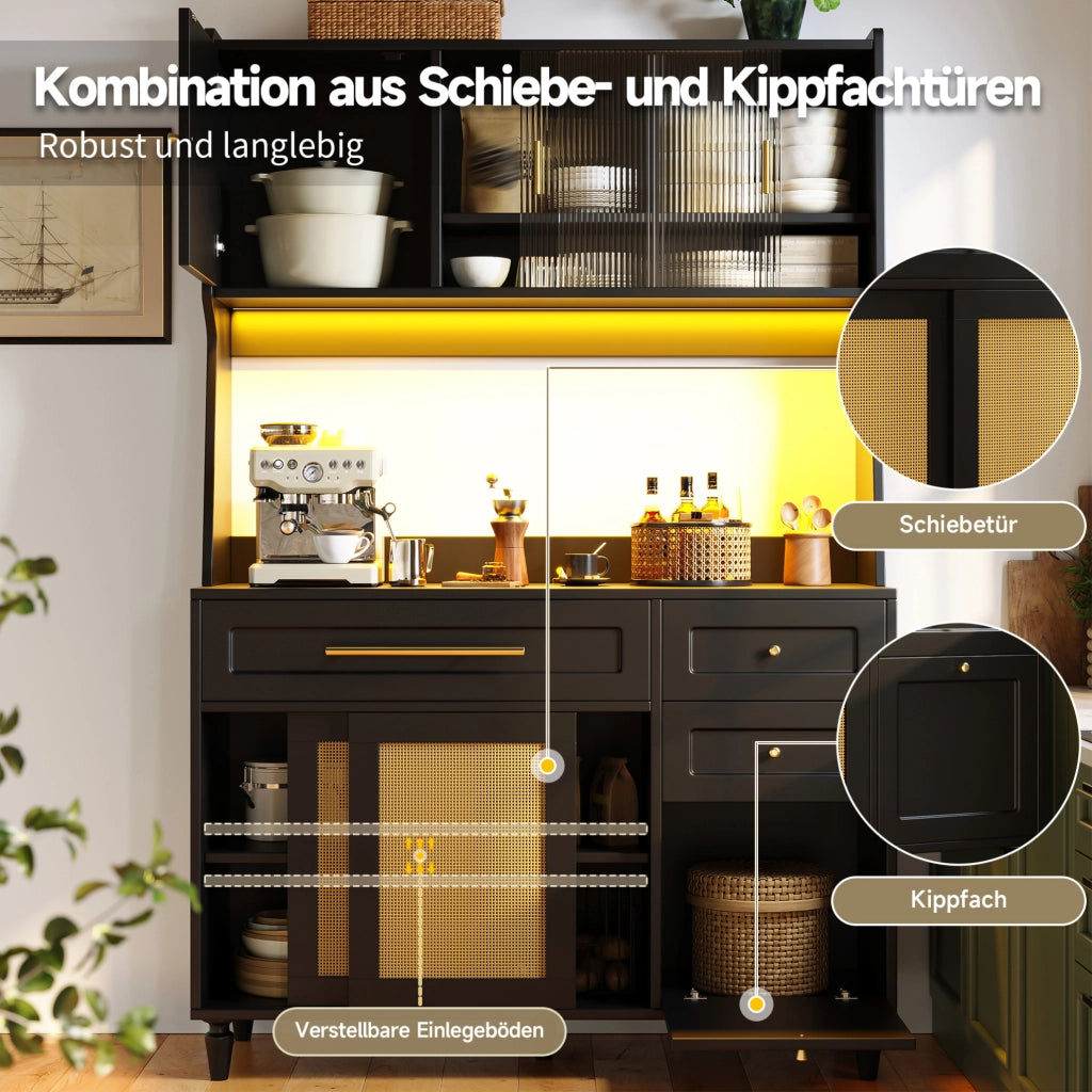 Credenza alta con LED e ante scorrevoli in rattan PE, nera