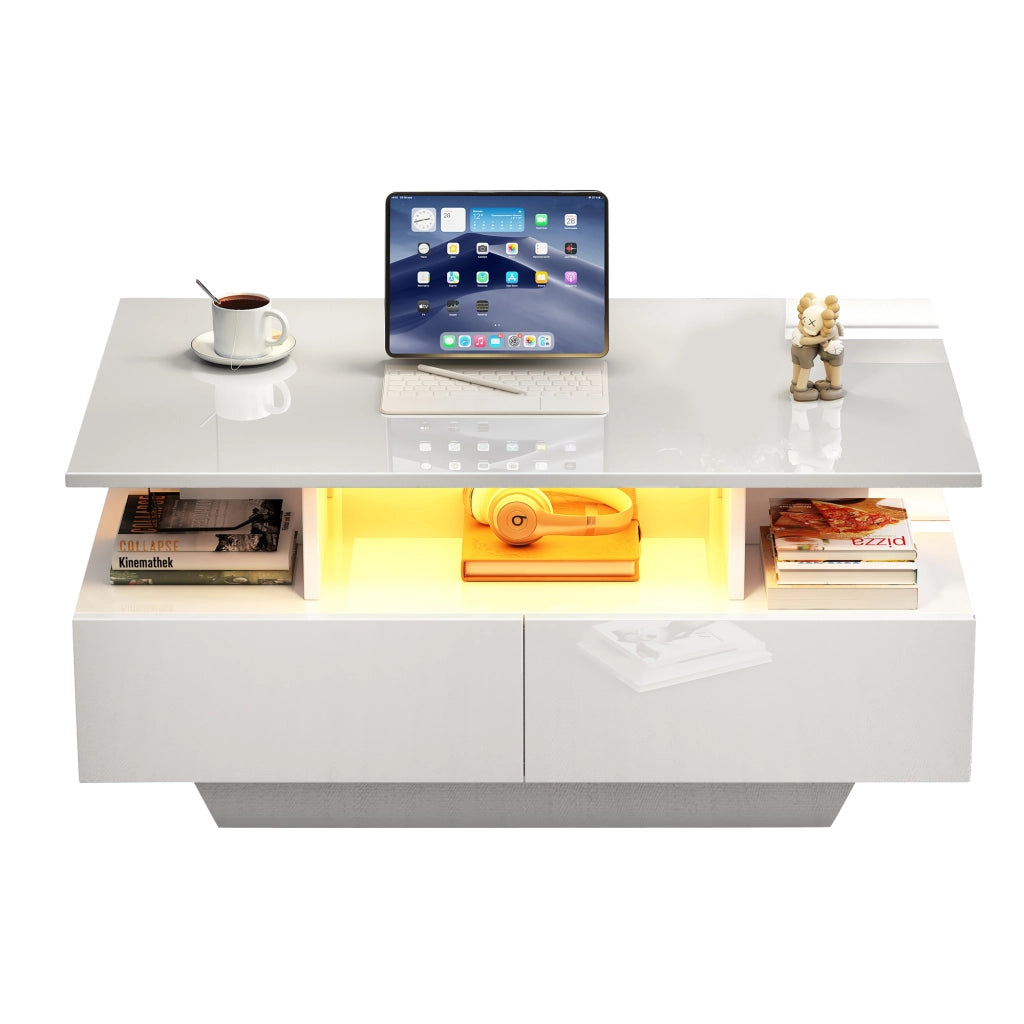 TAVOLINO DA CAFFÈ 90x55x41 cm Bianco lucido con LED e 2 cassetti