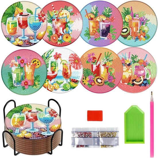 Pittura a Diamanti Sostegni, 8 pezzi sostegni bicchieri cocktail con contenitore, Pittura a Diamanti per fai da te per bambini e adulti, Sostegni bicchieri diamantati antiscivolo per principianti