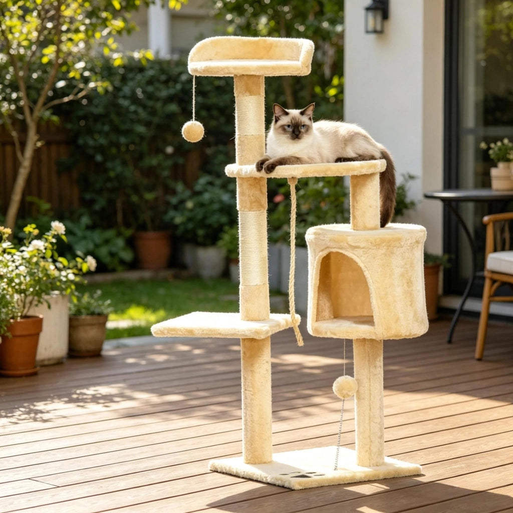 Albero tiragraffi beige 114 cm con nicchia, amaca e piattaforme