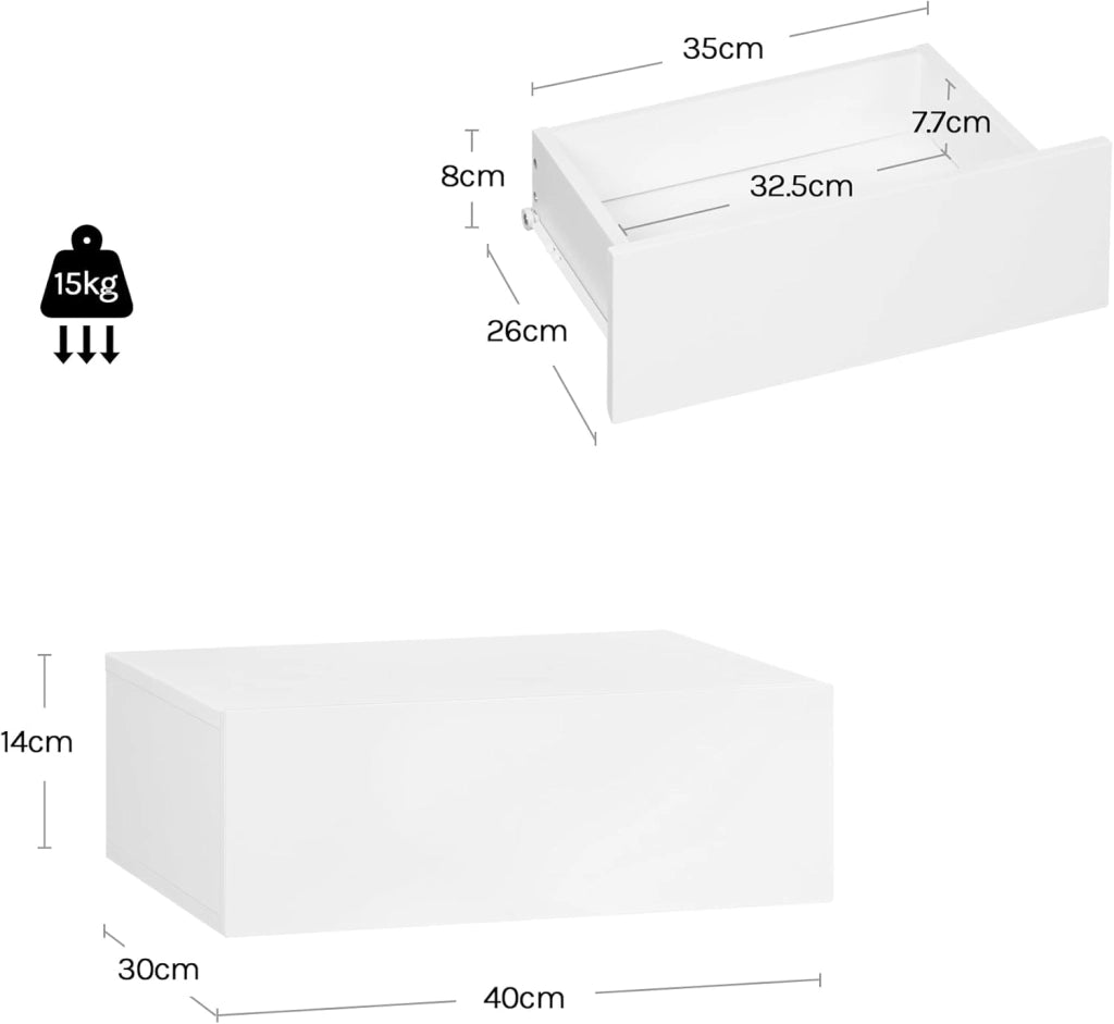 Set di 2 Comodini Sospeso con Cassetto, Comodino Galleggiante, 40x30x14 cm, Comodino a Parete Mensola da Letto, Mobili per Camera da Letto in Legno, Salvaspazio, Moderno, Bianco, NTS24ws-2
