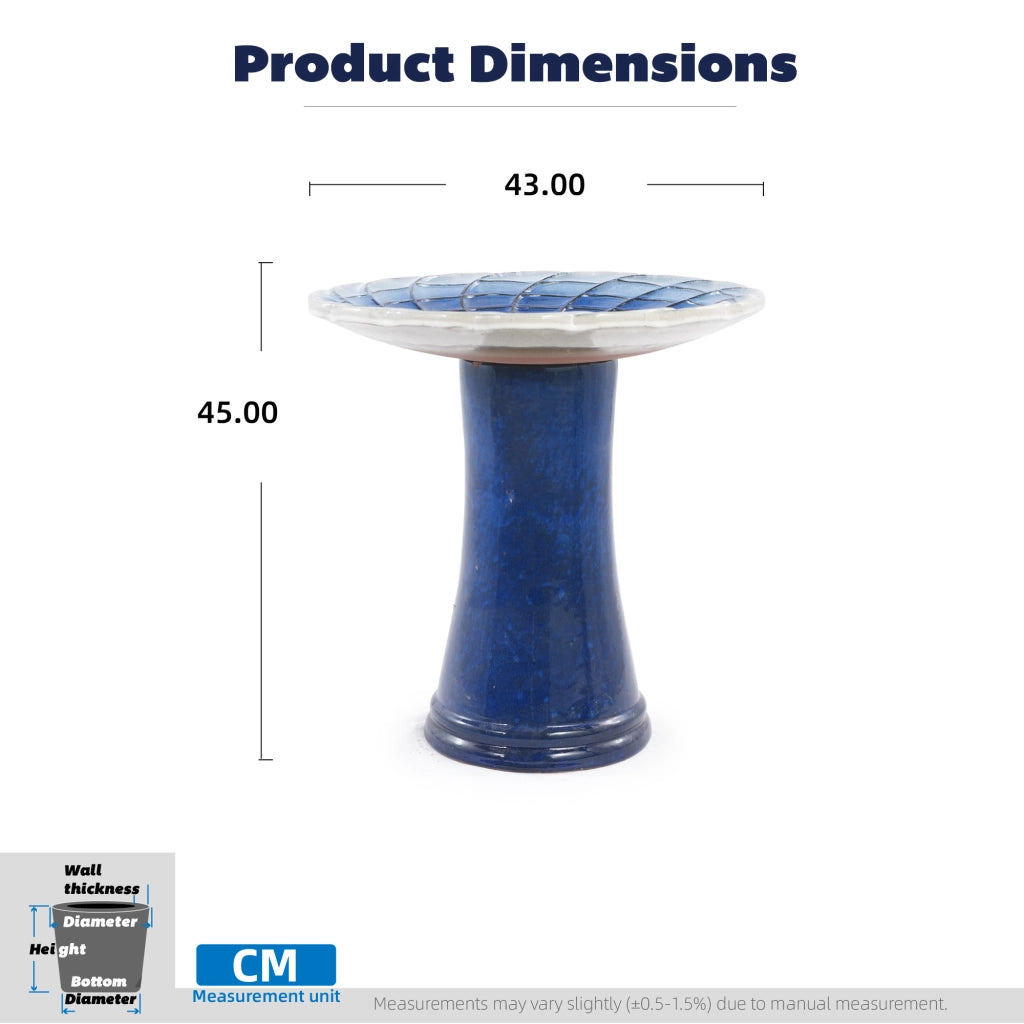 Fontana da giardino in ceramica fatta a mano con scodella ampia e base alta, resistente al gelo, blu e bianco