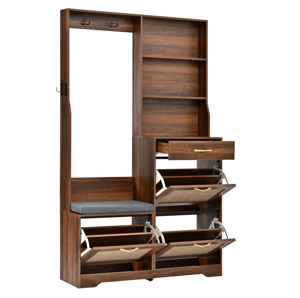 Guardaroba da ingresso 100x30x170 cm multifunzione con seduta; ante effetto rattan; MDF noce