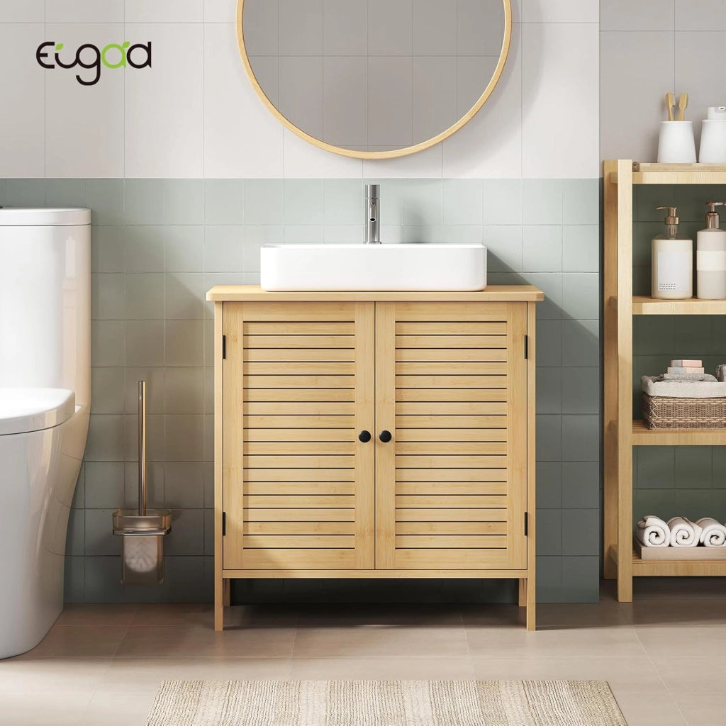 Armadio Sottolavabo in Bambù per Bagno, Organizzatore per Accessori da Bagno, Resistente all'Umidità, Traspirante, con Sifone 20x10 cm, Ripiano Regolabile, 60x30x60 cm