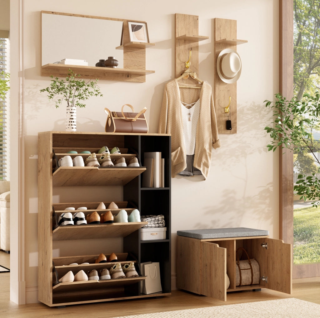Set mobili ingresso 150x35x161;5 cm con scarpiera; specchio e panca imbottita HOMVRA