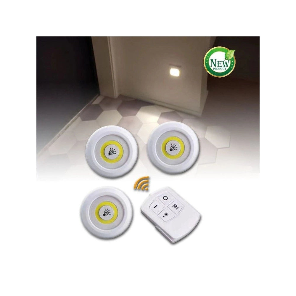 Trade Shop - Set 3 Luci Led Cob Con Telecomando Luce Regolabile Lampada Disco Armadio Tx-9728 -