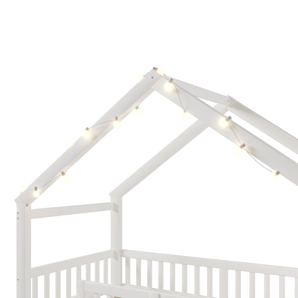Letto per bambini a casetta 90x190 cm con sponde; ripiani laterali e perline LED; bianco
