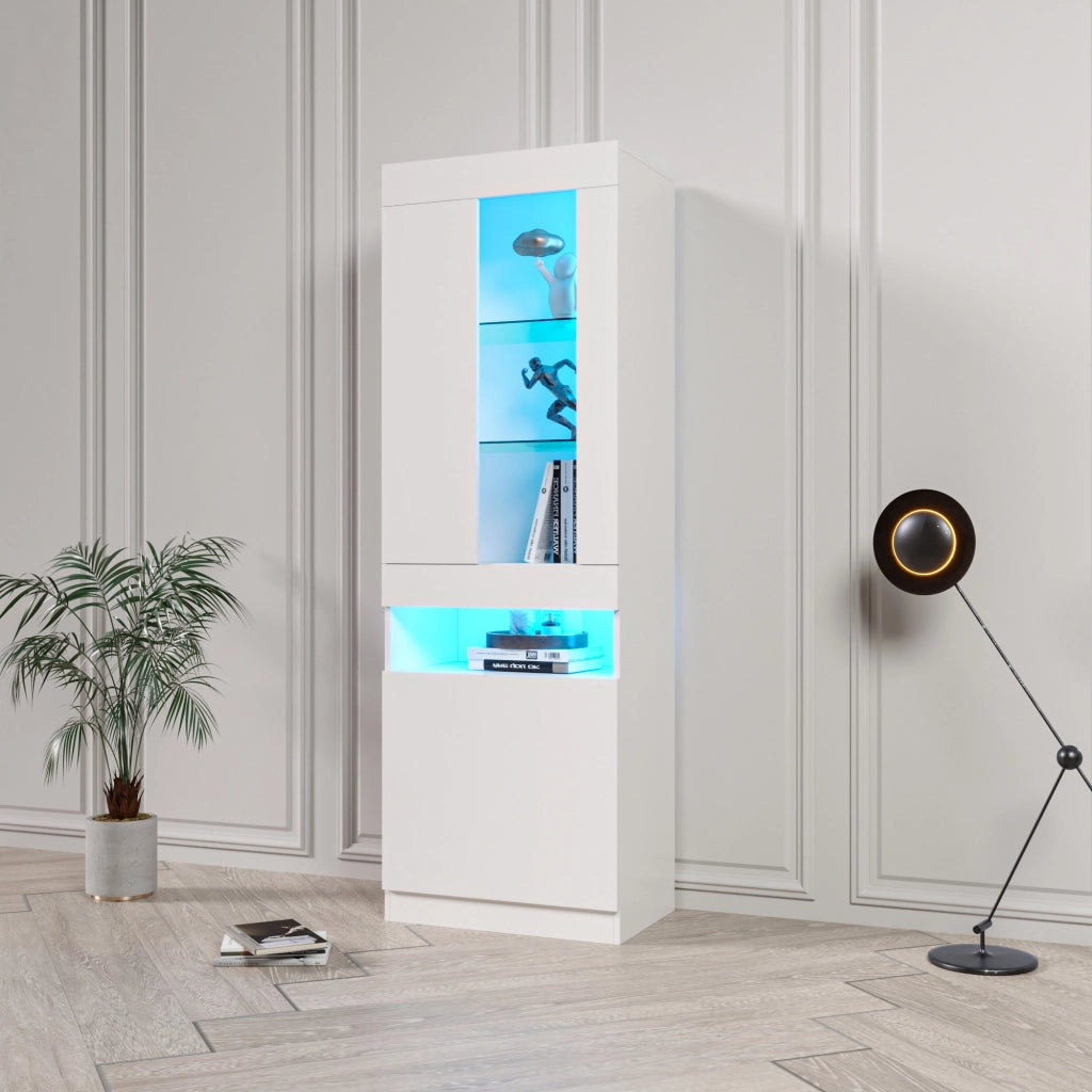 Credenza alta con ripiani in vetro LED USB e ante per soggiorno e ufficio in truciolato bianco 50 × 40 × 180 cm