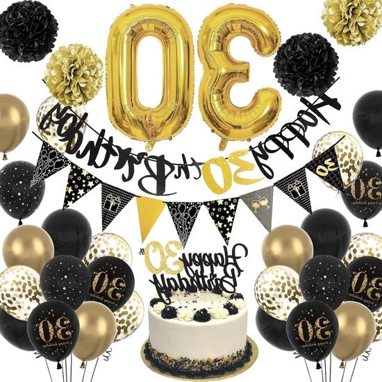 Decorazione di compleanno 30 anni donna nera oro - Slinga di compleanno - Palloncini - Decorazioni 30° compleanno
