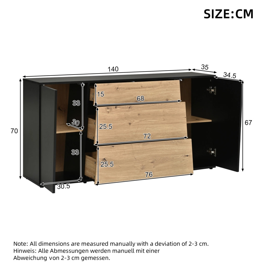 Sideboard 140×35×70 cm in MDF Nero e Legno con 3 Cassetti e 2 Ante Regolabili