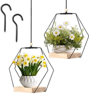 Due Mandrie a Sospensione per Fiori in Macramé Metallico, 2 Pezzi, con Piede in Legno, Placca a Sospensione per Piantine, Placca per Fiori per Balcone Giardino Decorazione Interna Esterna