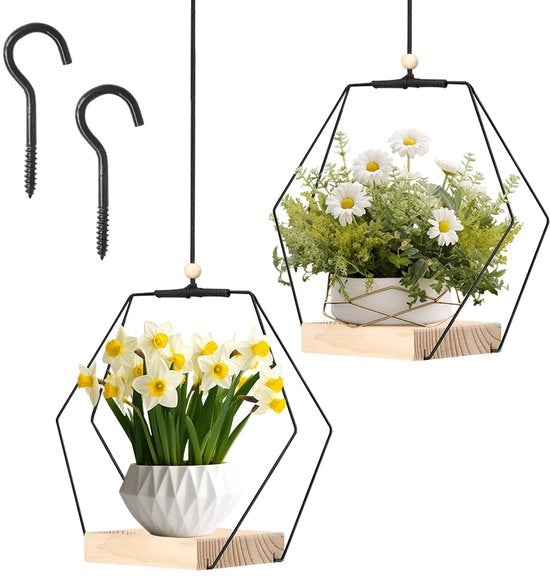 Due Mandrie a Sospensione per Fiori in Macramé Metallico, 2 Pezzi, con Piede in Legno, Placca a Sospensione per Piantine, Placca per Fiori per Balcone Giardino Decorazione Interna Esterna