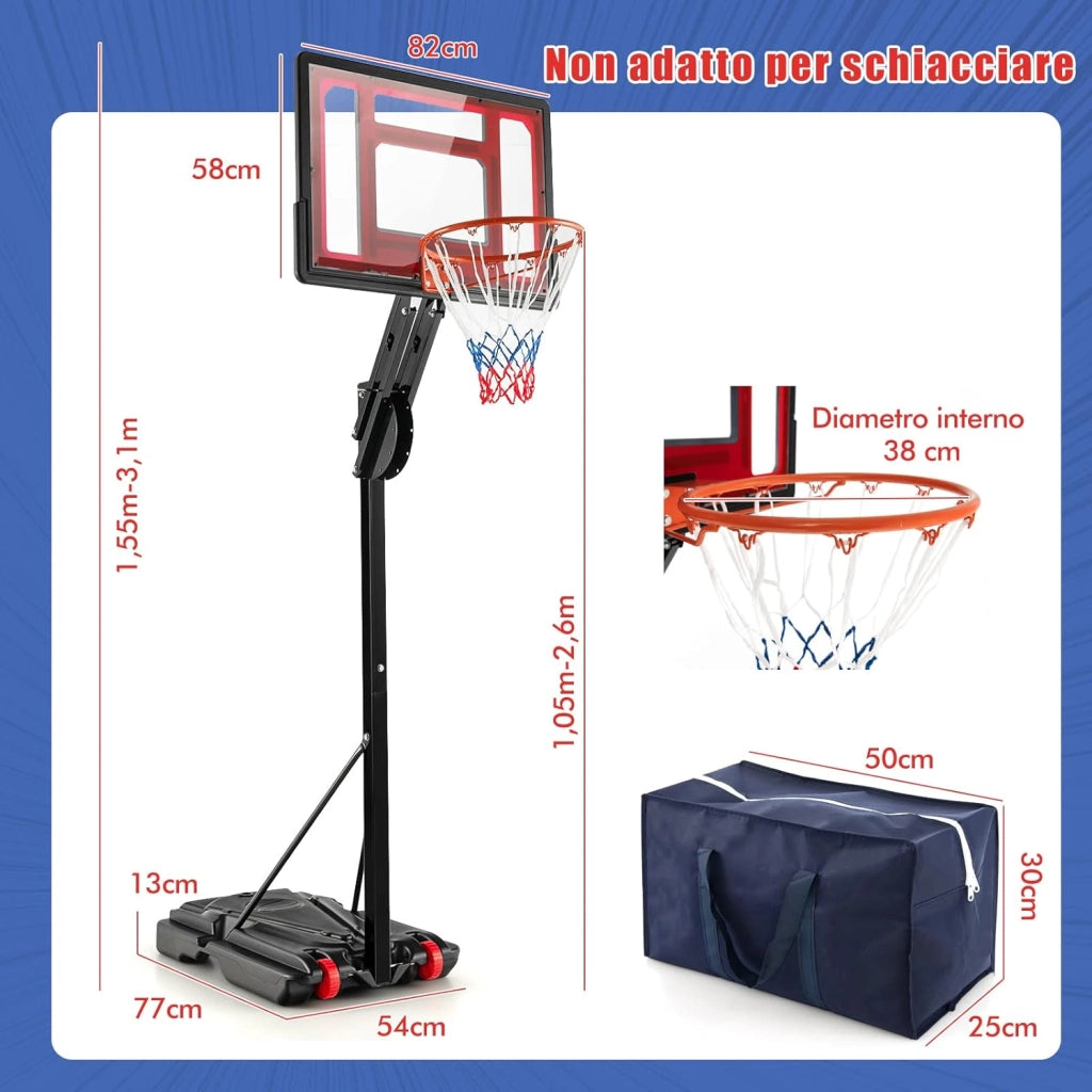 Canestro da Basket da Esterno ed Interno, Canestro da Basket Regolabile a 10 Livelli e Portatile, con Tabellone da 82cm, 2 Ruote e Borsa, per Tutte le Condizioni Atmosferiche