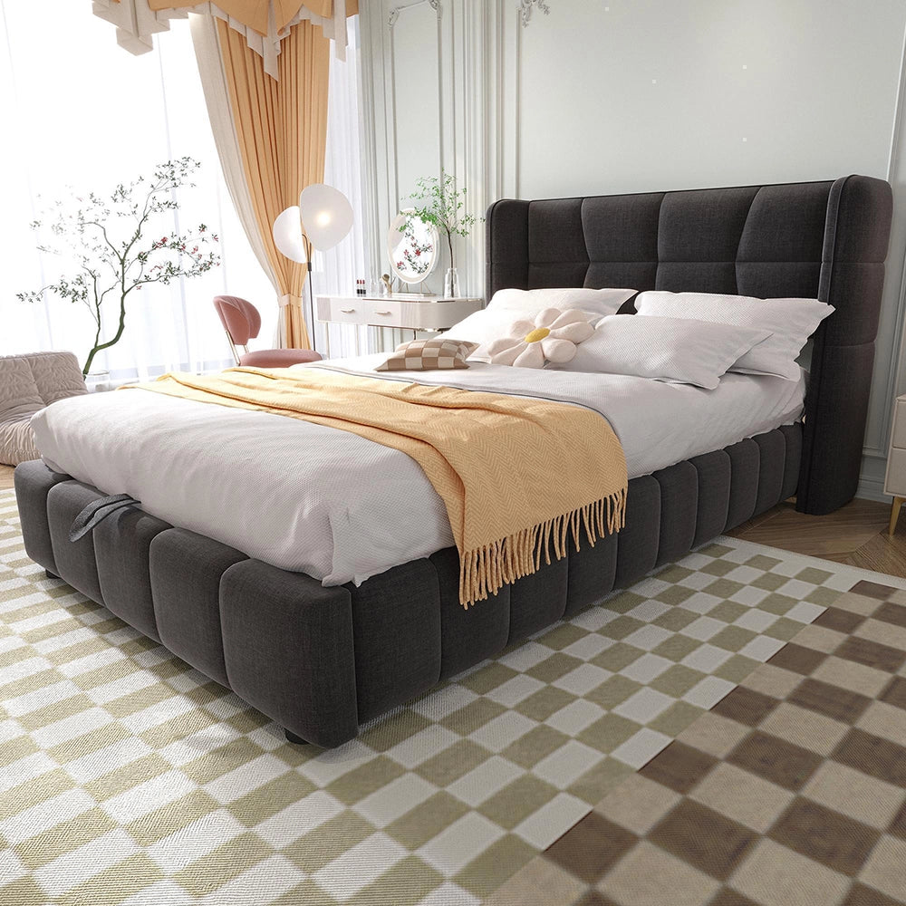 Letto imbottito per bambini - Xylo - 90x200 cm - Grigio - Testiera e sistema di stoccaggio pneumatico