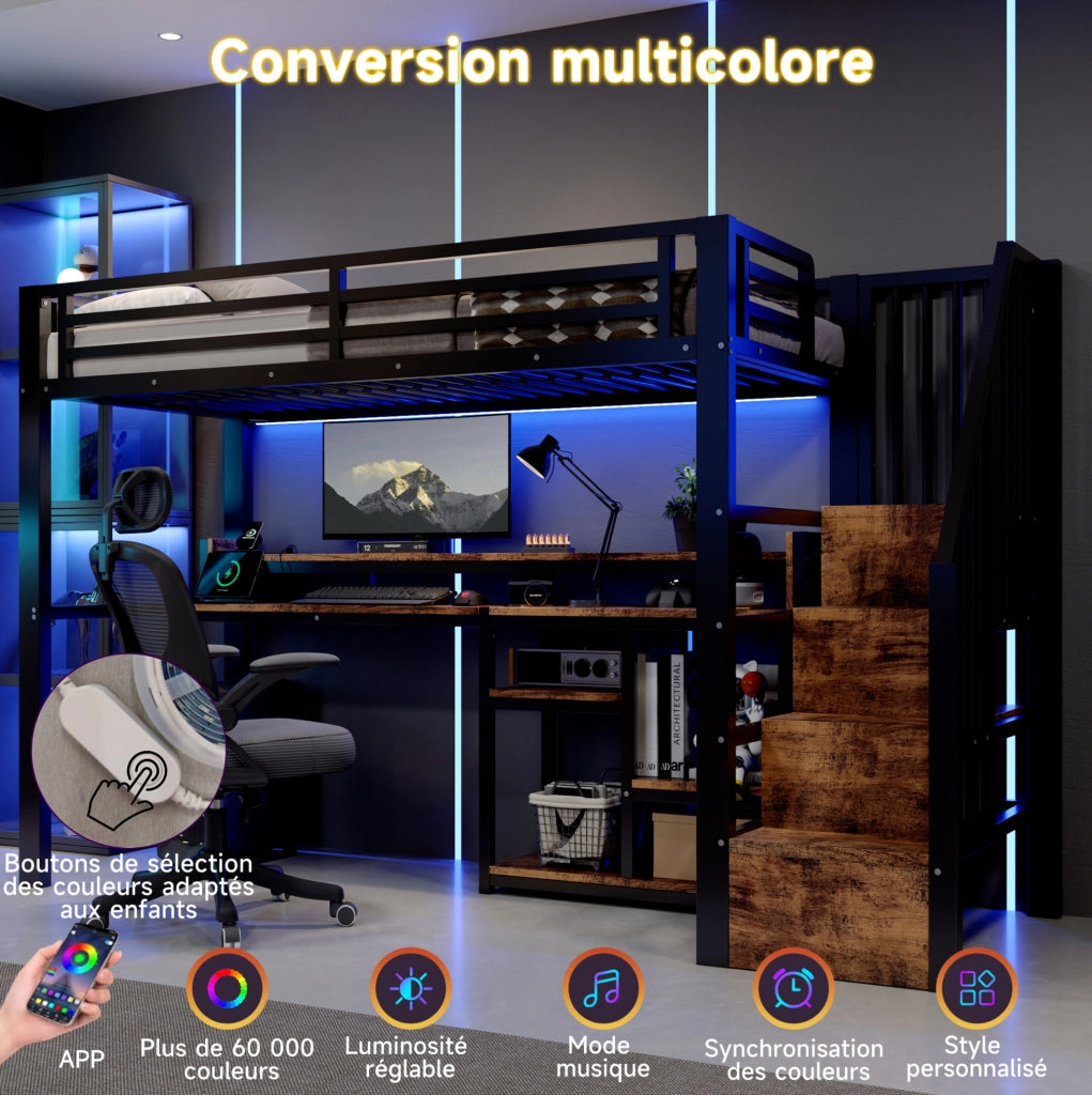 Letto a soppalco 140x200 cm in metallo e MDF; con scala contenitore; LED e USB; nero