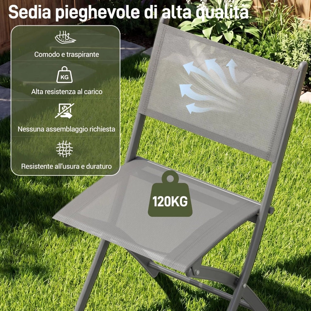 Set da Bistrot 3 Pezzi, Set Mobili Pieghevoli Include 1 Tavolo e 2 Sedie, Resistente alle Intemperie e Traspirante, per Piccoli Balconi e Giardini, Grigio