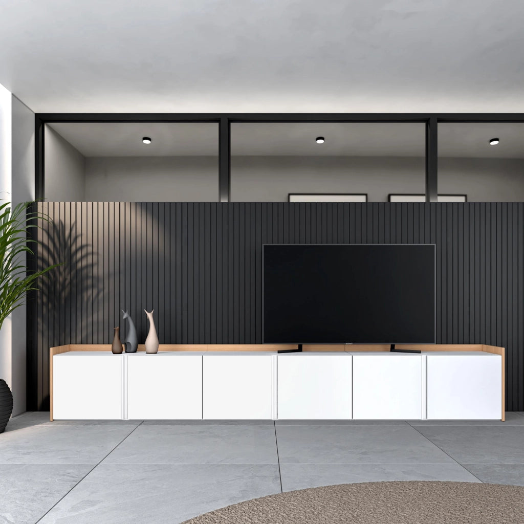 Mobile TV Soggiorno, 309x50x35 cm, Per TV fino a 80", Mobile Soggiorno, Bianco e Rovere soft