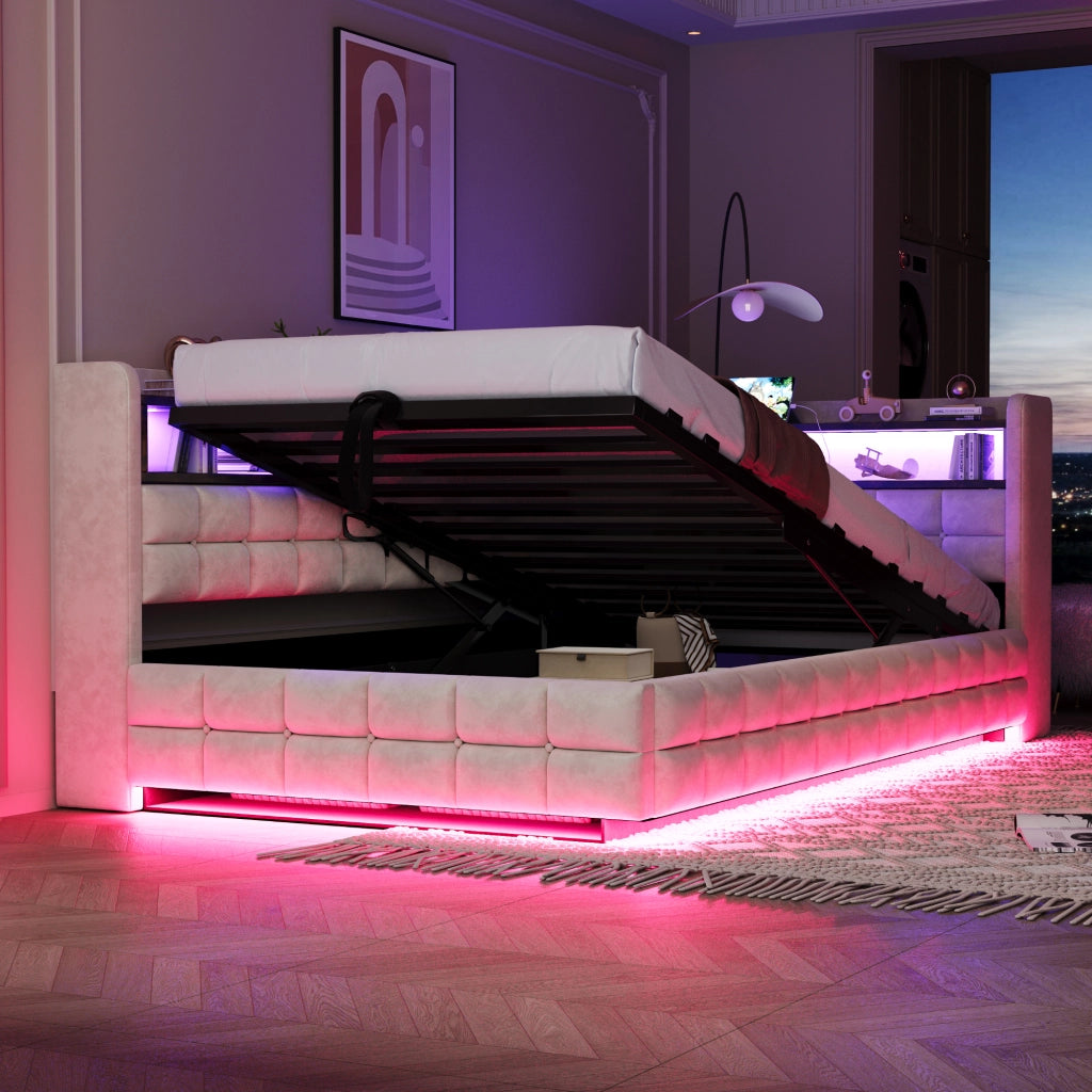 DESMIU Letto Contenitore 90 × 200 cm 1 posto con vano idraulico, ripiani, USB e Type-C, senza materasso, beige