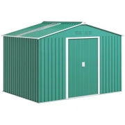 Casetta Porta Attrezzi in Acciaio con Tetto Inclinato e 2 Porte Scorrevoli, 277x195x192 cm, Verde Scuro