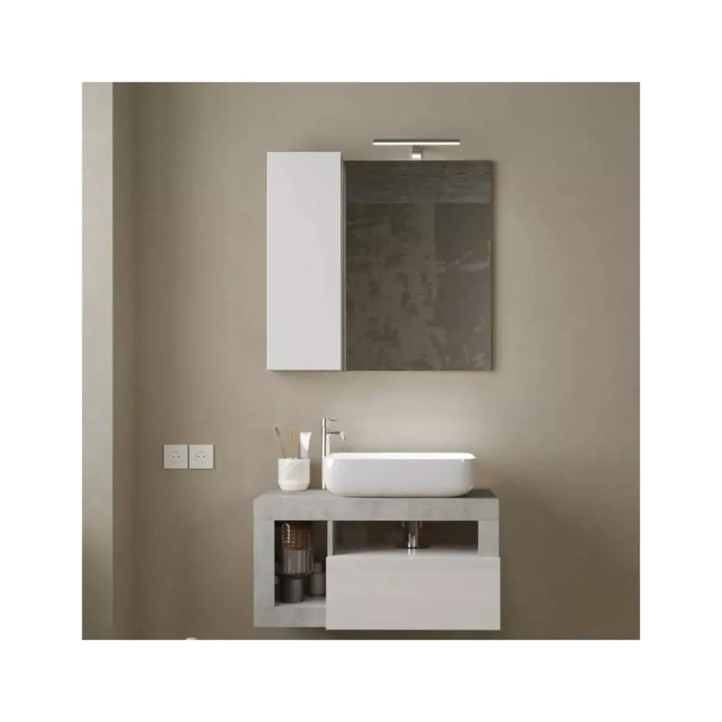 Specchio BURA – Design con contenitore, 78x75 cm, colori bianco lucido e cemento