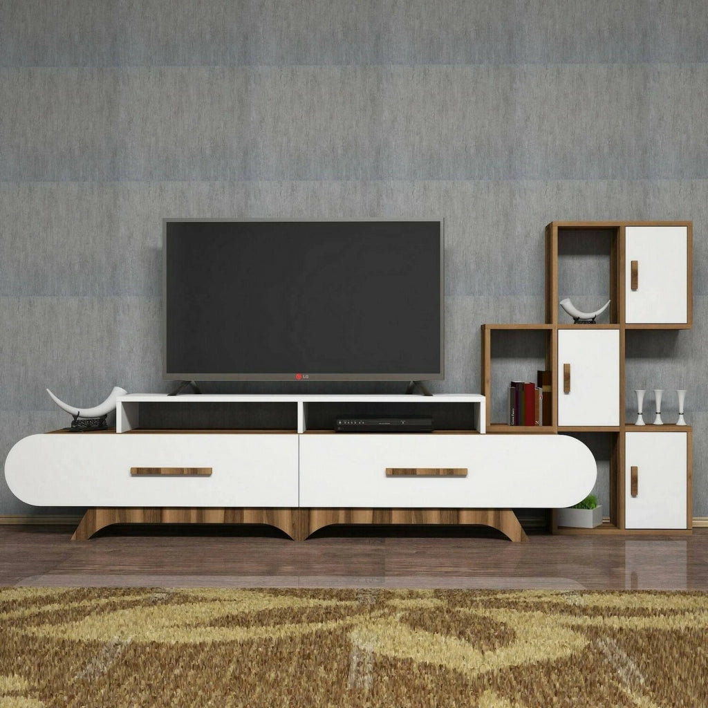 Parete attrezzata Lupo, Composizione soggiorno, Mobile salotto multiuso, Armadio porta TV, 205x37h50 cm, Noce e Bianco