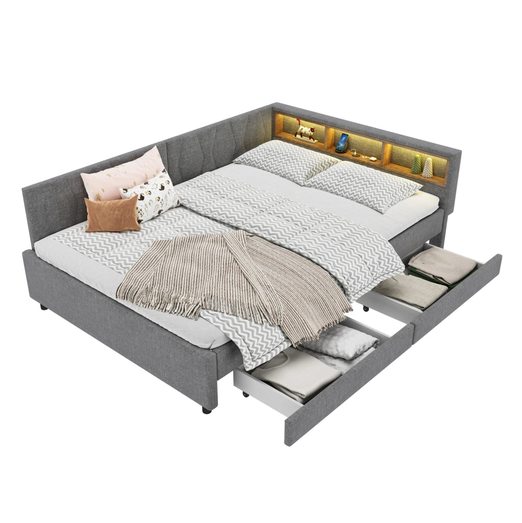 Letto 140x200 cm con LED; USB+Type C e cassetti in lino grigio