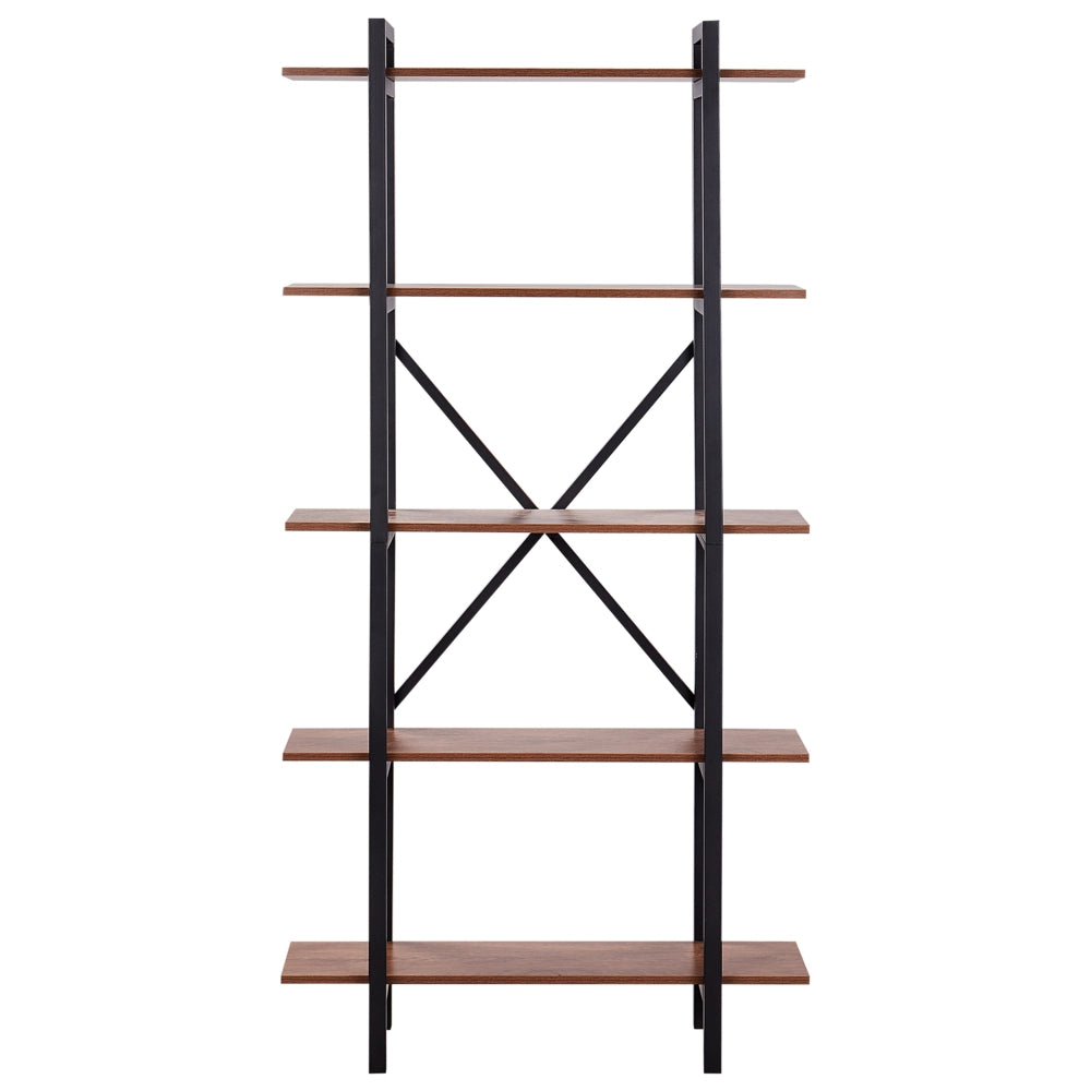 Libreria industriale aperta a 5 livelli in legno scuro e struttura in metallo nero Piedini Regolabili stile moderno