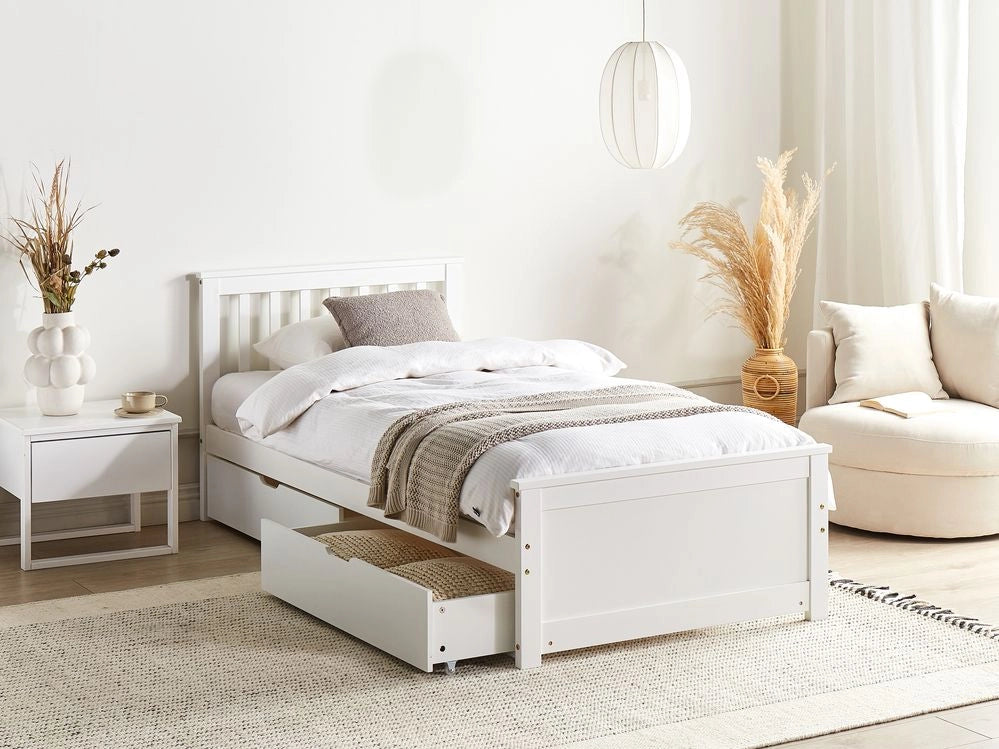 Letto in legno di pino bianco Dimensioni singole 90 x 200 Testiera a doghe minimalista