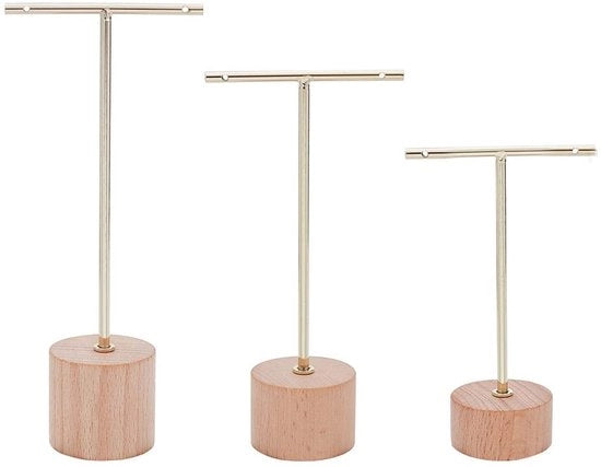 Supporto per orecchini a T a 3 livelli con piede in legno, organizzatore per accessori fotografici B