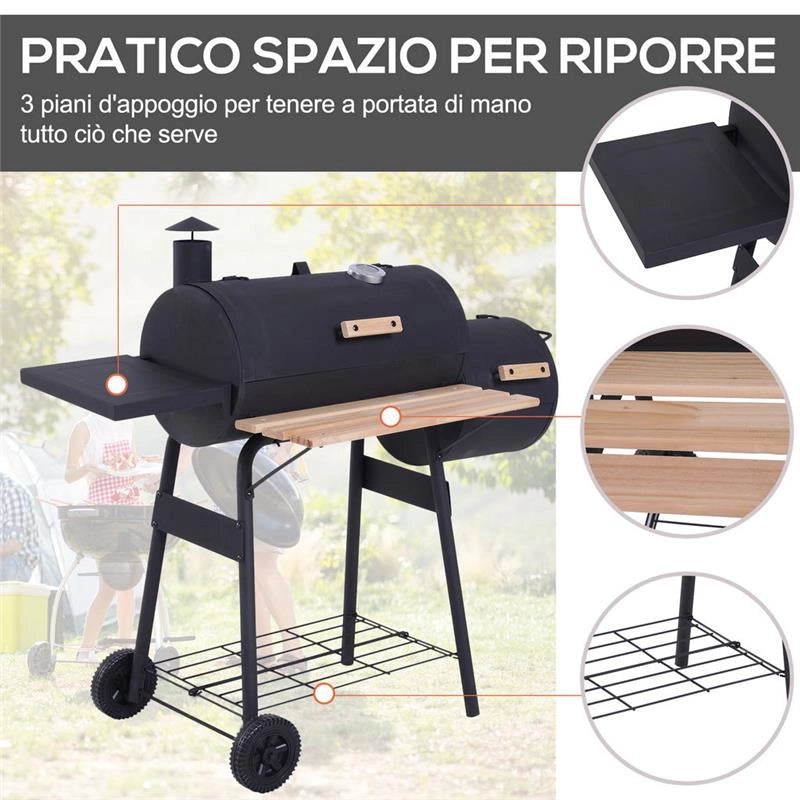 BARBECUE A CARBONE CON COPERCHIO E AFFUMICATORE, BBQ DA GIARDINO CON RIPIANI E RUOTE 124X53X104 CM, NERO