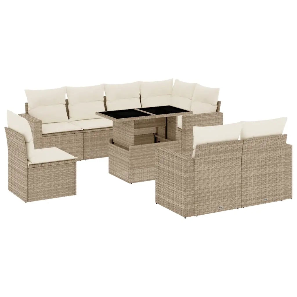 Set Divano da Giardino 9 pz con Cuscini Beige in Polyrattan