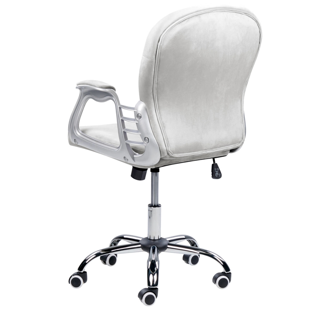 Sedia da ufficio in velluto grigio chiaro con cristalli e altezza regolabile e schienale trapuntato stile retrò moderno