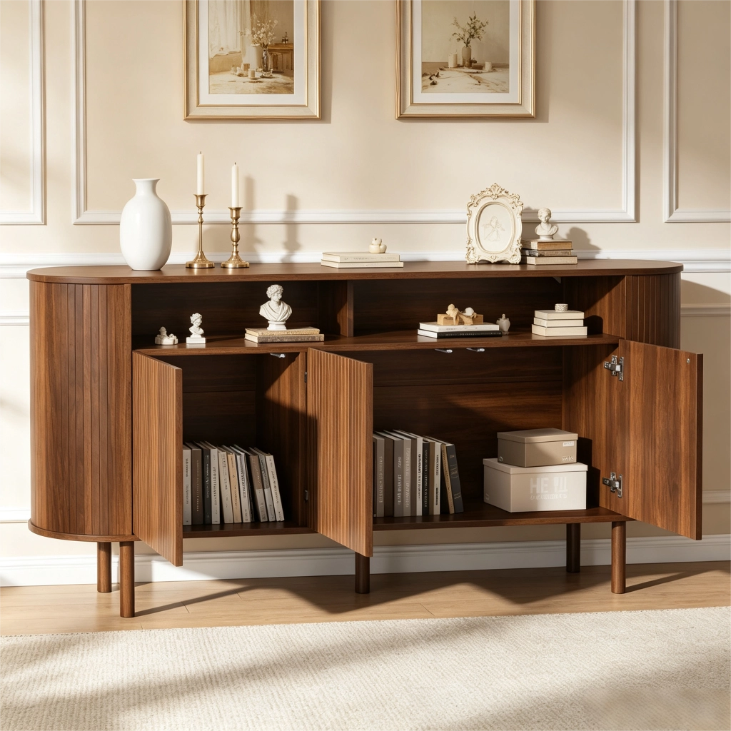 Credenza sideboard 160x40x78,5 cm in color noce con 3 ante ondulate e 2 vani a giorno