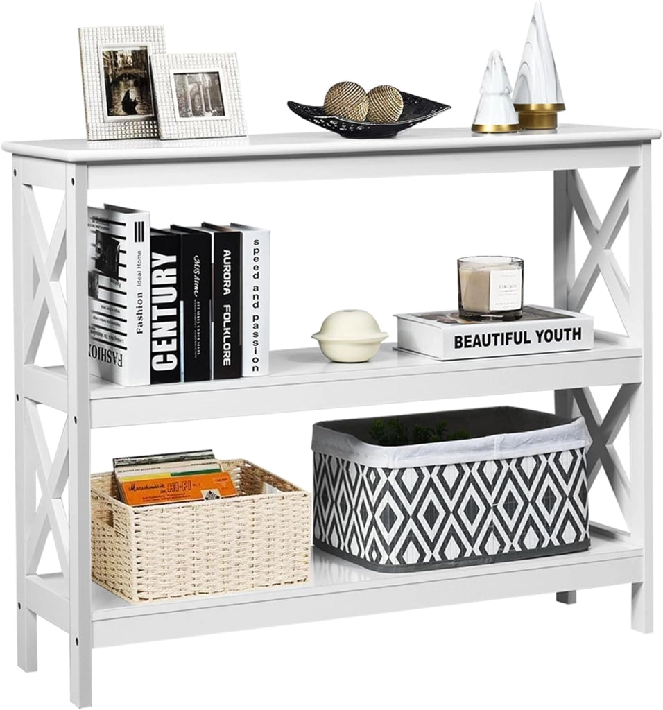 Tavolo Consolle a 2/3 Ripiani, Tavolo d’Ingresso in Legno, Mobile Multifunzionale per Soggiorno e Corridoio, 100 x 30 x 80cm, Portata Massima 30 kg (3 Ripiani, Bianco)