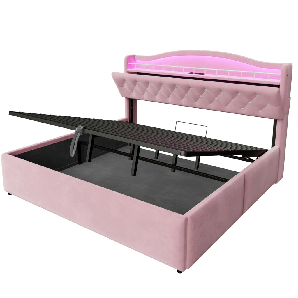 Letto imbottito 180x200 cm rosa con contenitore idraulico; USB e USB-C; testiera con LED