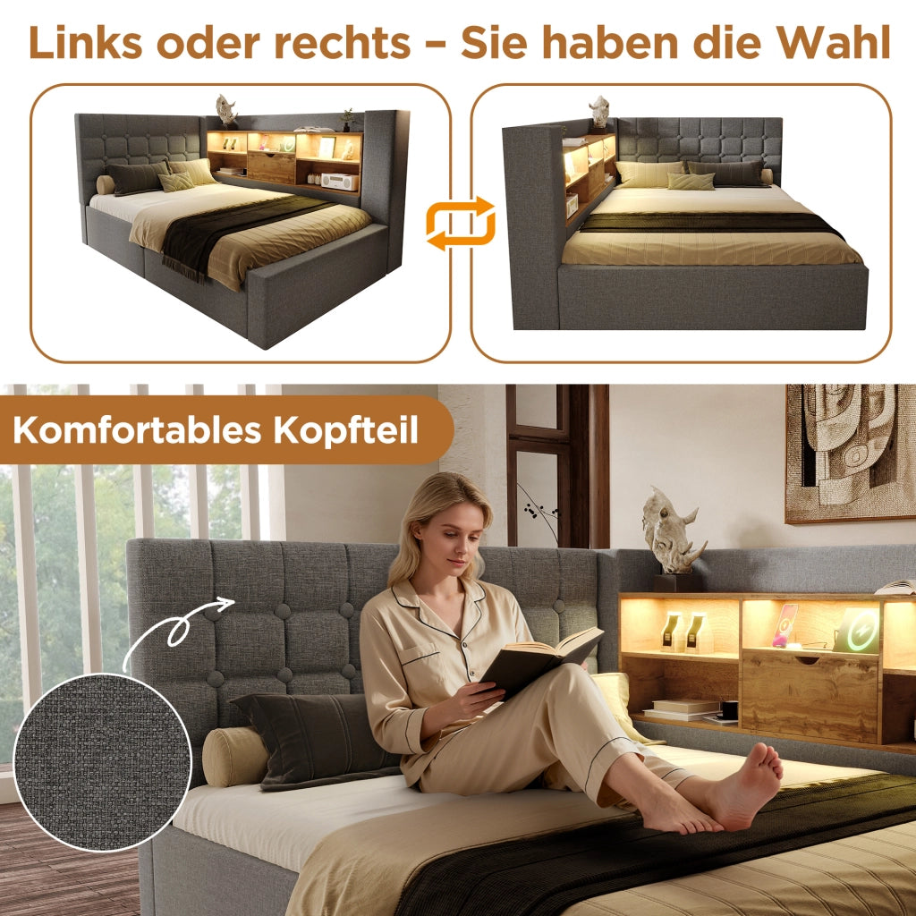 Letto singolo 90x200 cm con LED; contenitore idraulico e materasso; grigio