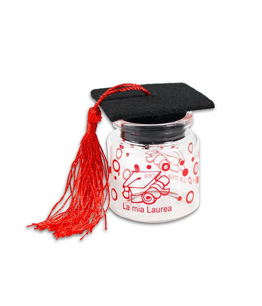 12 Barattoli In Vetro Con Tappo In Sughero Bomboniera Laurea Tocco Rosso         