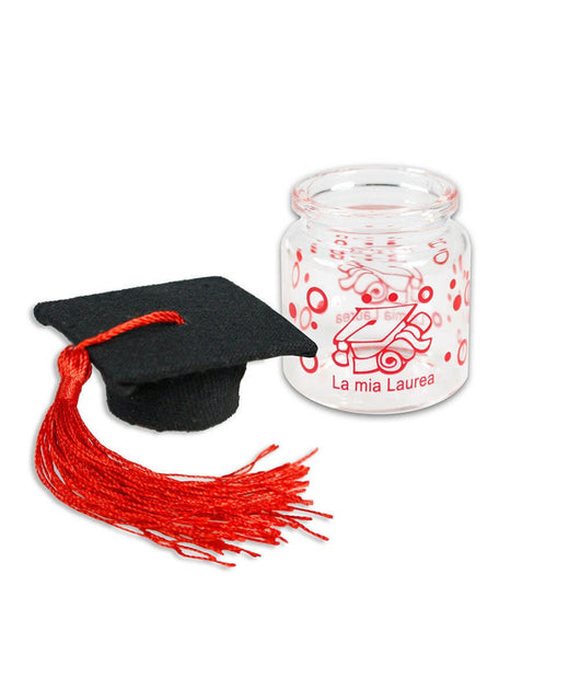12 Barattoli In Vetro Con Tappo In Sughero Bomboniera Laurea Tocco Rosso         