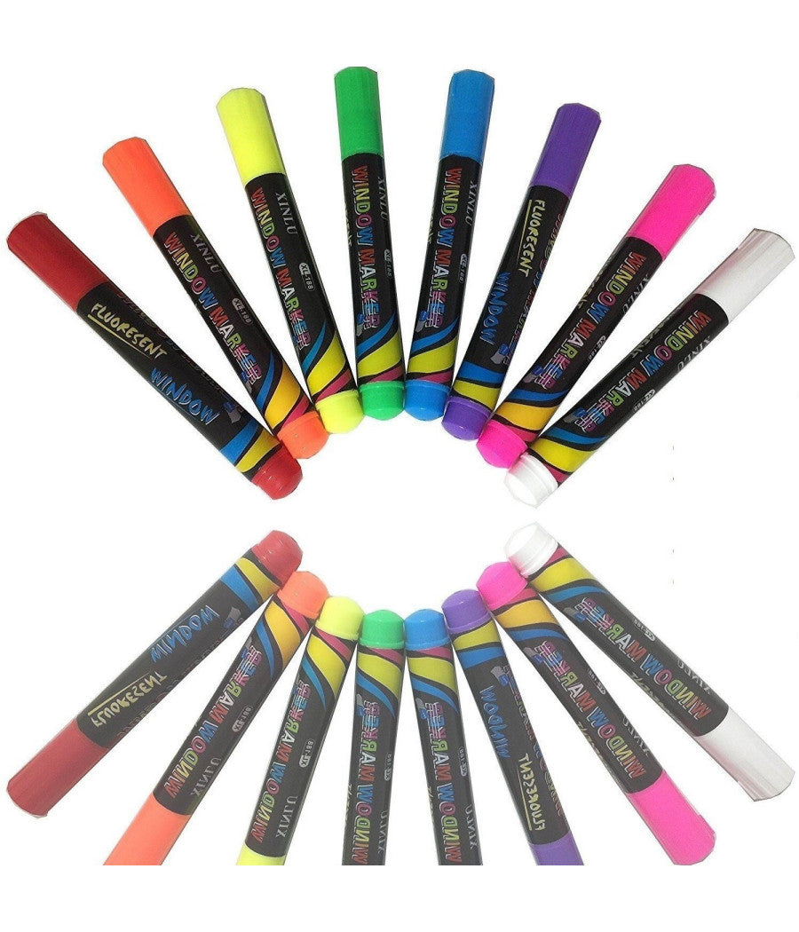 12 Pennarelli Gesso Liquido Colori Brillanti Fluo Per Lavagne Finestre Vetri         