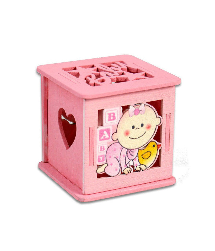 12 Scatolina Porta Confetti In Legno Bomboniera Nascita Battesimo Rosa Femmina         